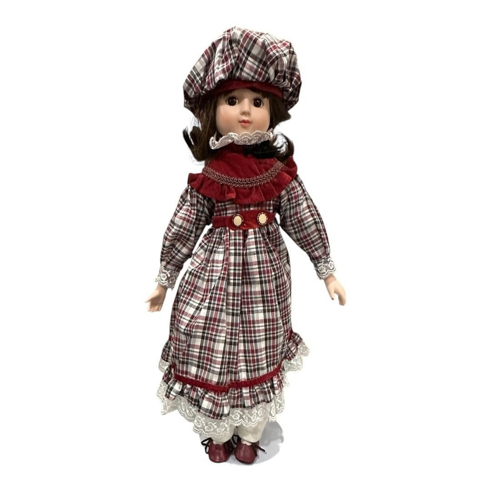 Vintage Porcelain Girl Doll Brown Hair Plaid Dress Bonnet Lace Trim DM-14
